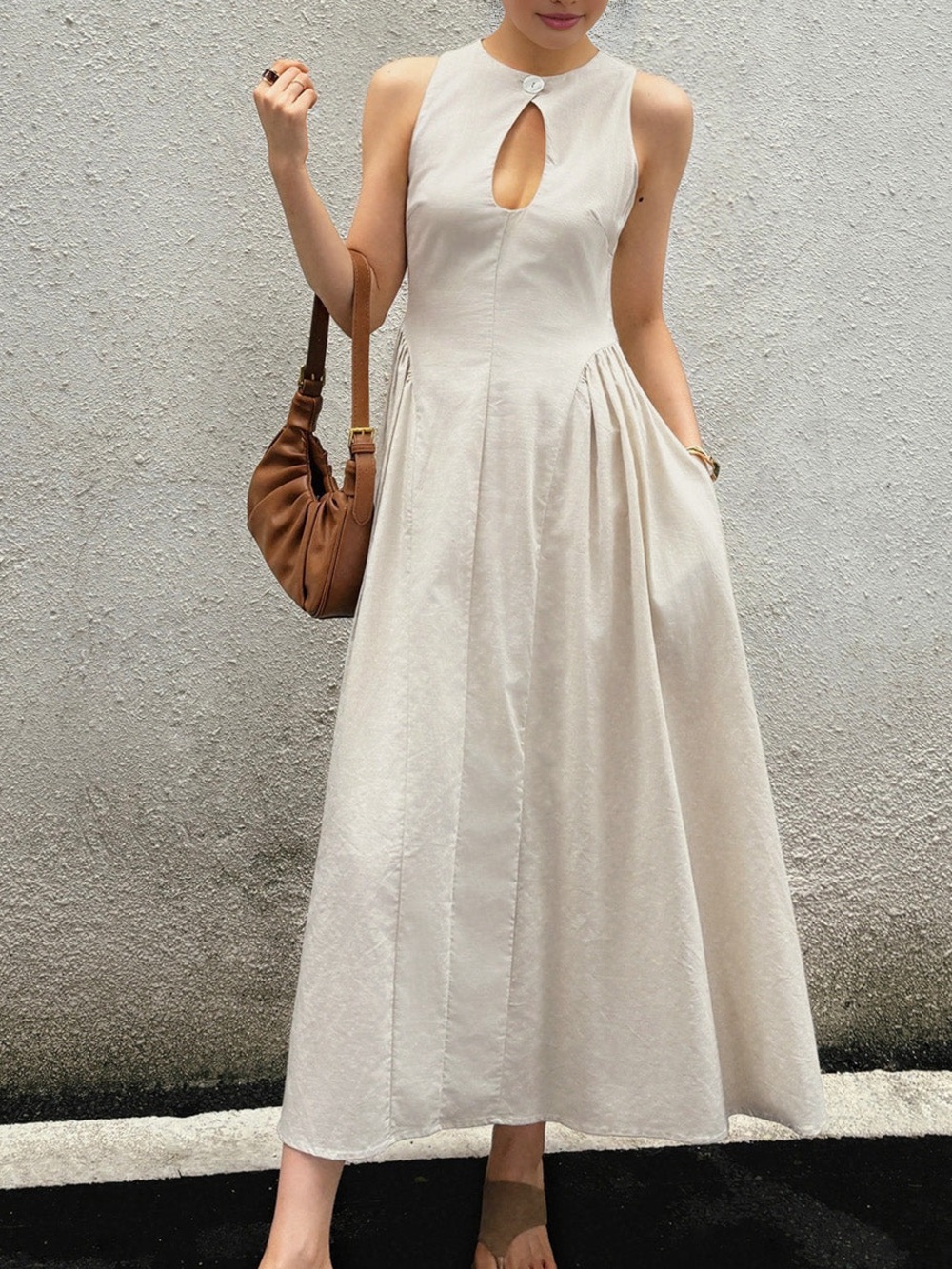 Commense Women’s Size Small Ivory Sleeveless Keyhole Maxi Dress - Picture 2 of 14